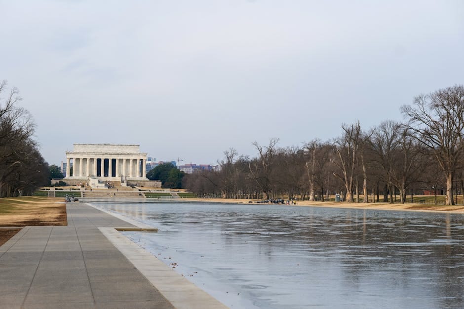 Serene winter view of Lincoln Memorial with the Reflecting Pool in Washington, D.C.