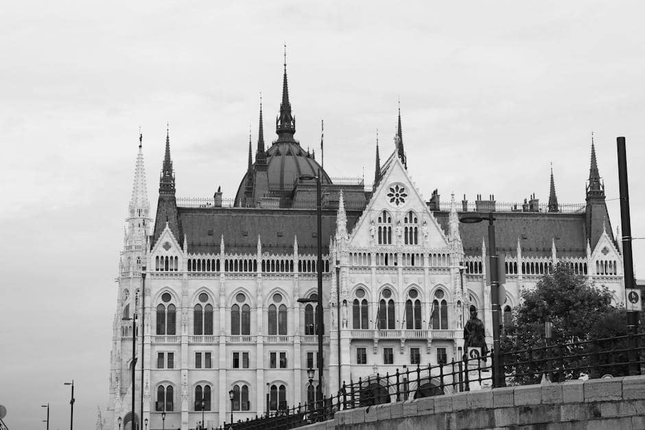 Black and white photo of the stunning Hungarian Parliament building showcasing Gothic architecture in Budapest.