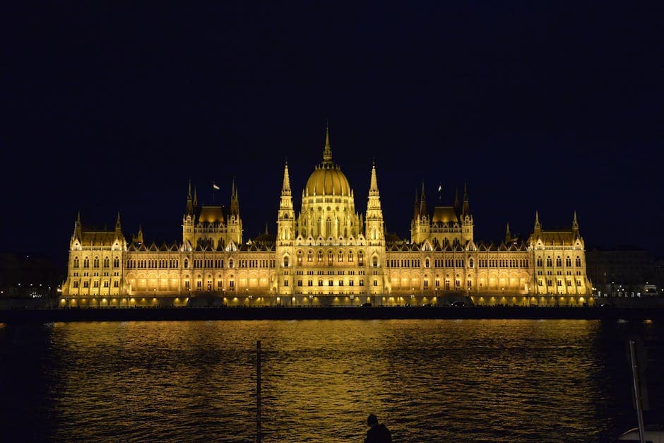 Stunning night view of the illuminated Hungarian Parliament Building in Budapest, Hungary.