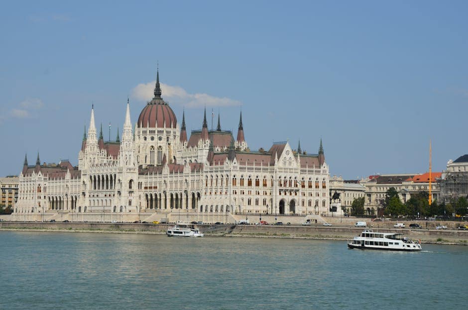 Majestic view of the Hungarian Parliament Building along the Danube River in Budapest.