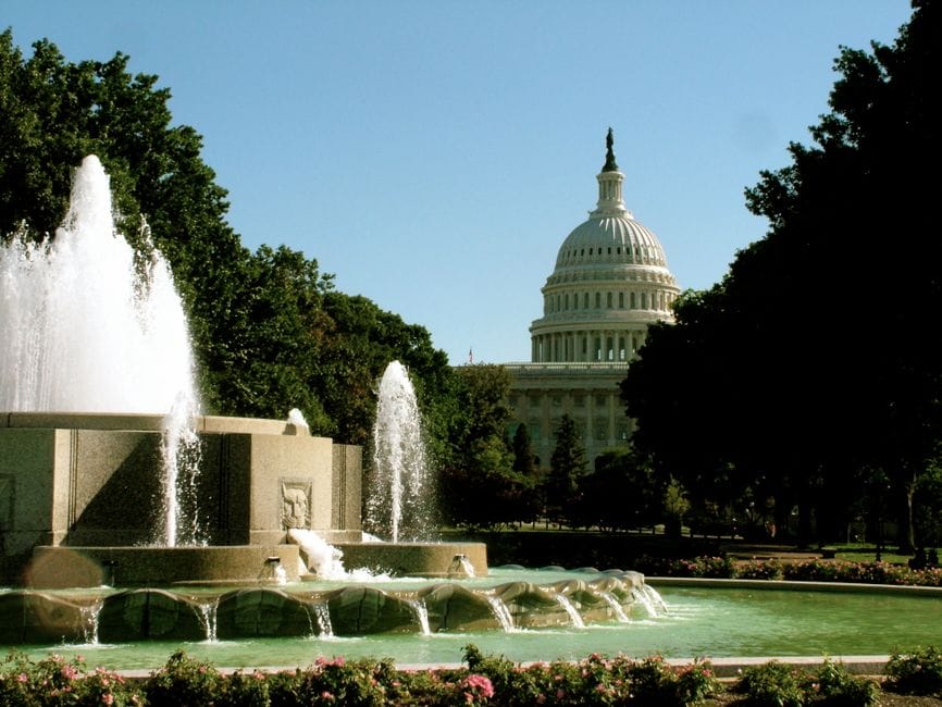 A stunning image of the US Capitol building with a foreground fountain in Washington D.C.