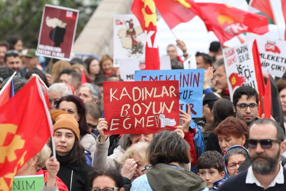 A diverse group of people in a protest holding signs and red flags, advocating for social issues.