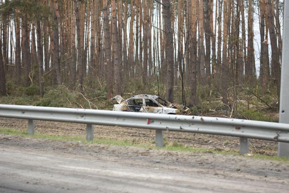 A burnt-out car wreck sits by a forest road, behind a metal barrier.