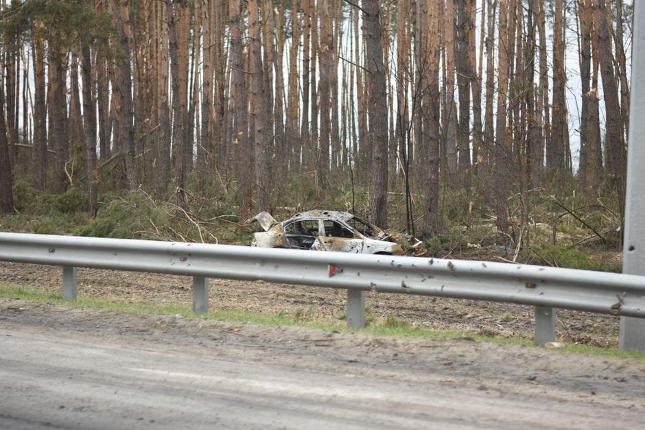 A burnt-out car wreck sits by a forest road, behind a metal barrier.