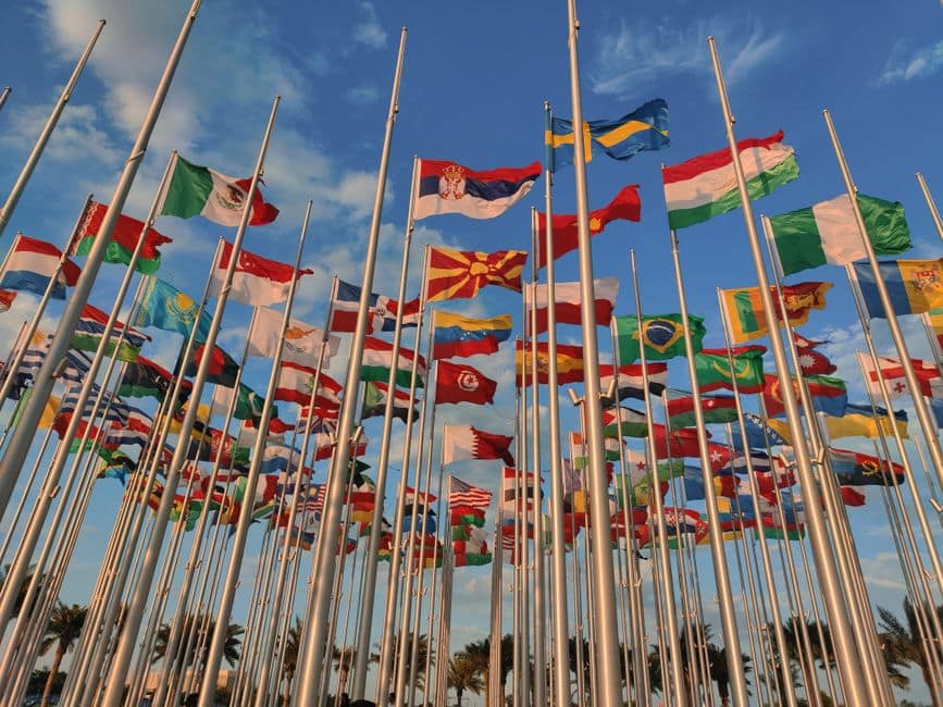 A diverse collection of national flags waving under a vibrant blue sky.