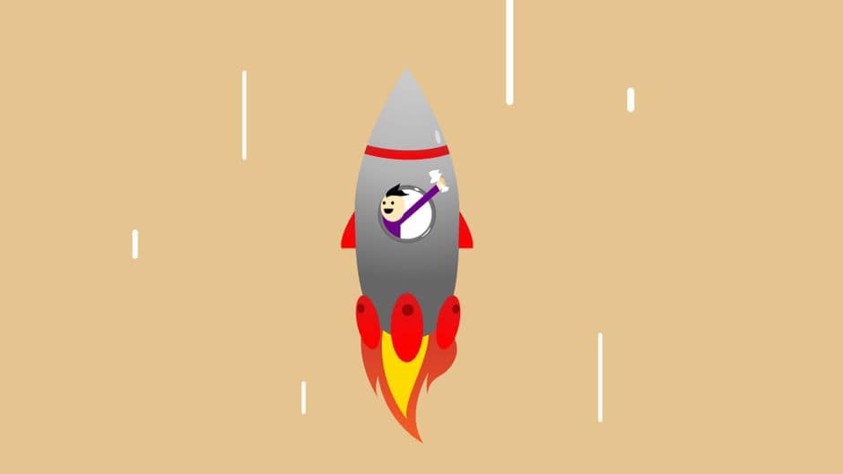 Vector illustration of happy businessman with raised hand in flying rocket after successful startup